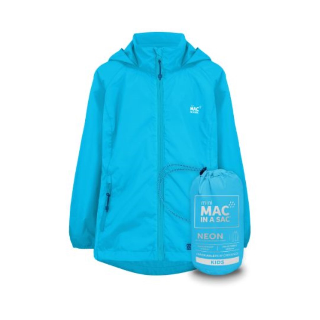 Mini Neon 2 Packable Jacket (neon blue) - front with sac - neon blue
